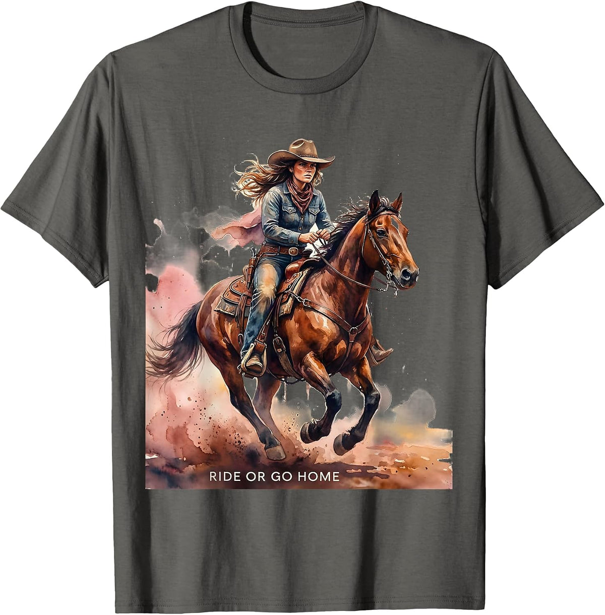 Ride Or Go Home Bold Cowgirl Design T-Shirt - Asphalt Grey
