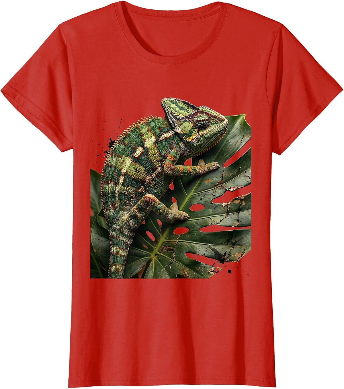 Chameleon Tropical Leaves Camouflage Art Design T-Shirt - Red