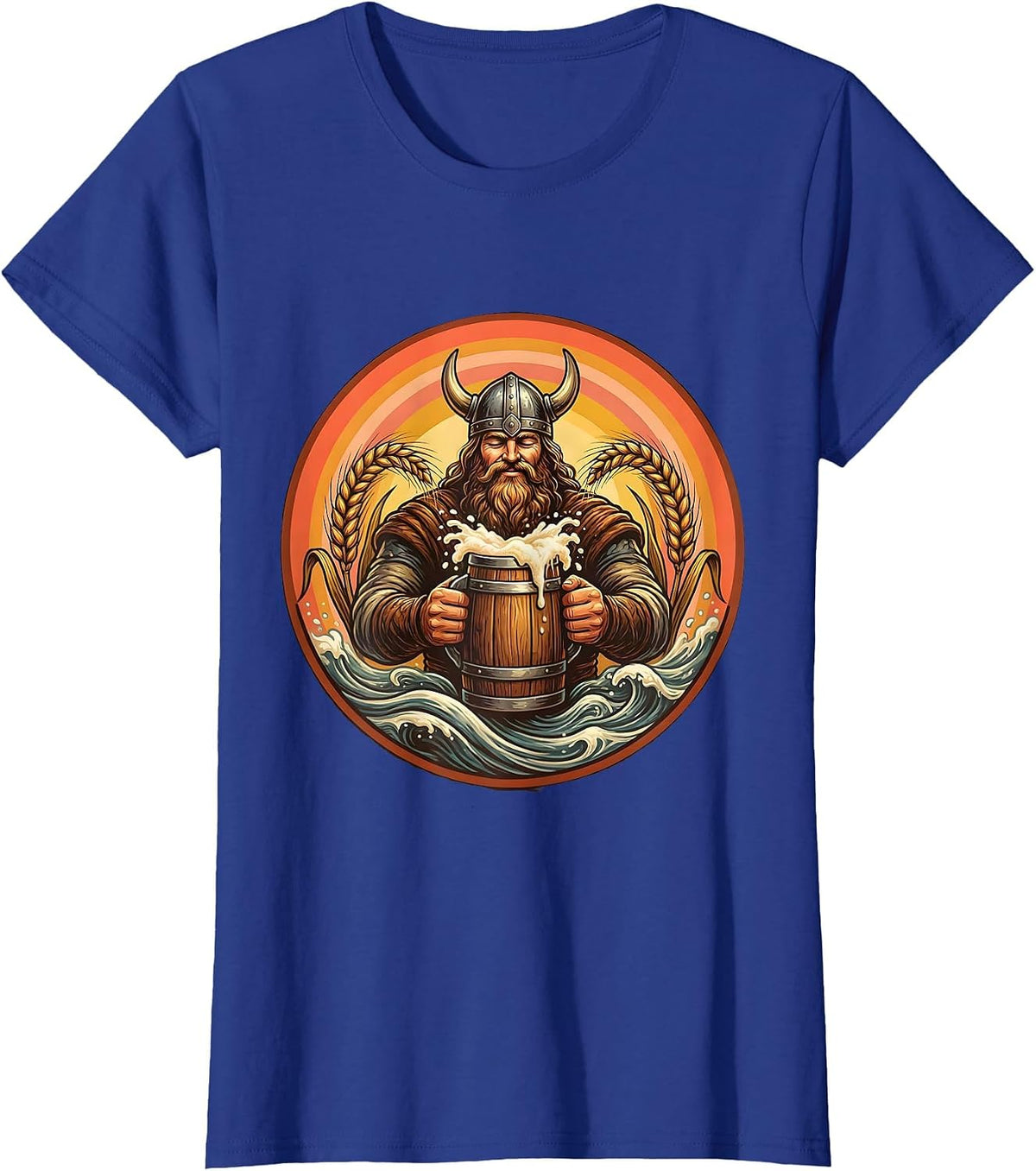 Women's Viking Beer Drinker Oversized Mug Illustration T-Shirt - Royal Blue