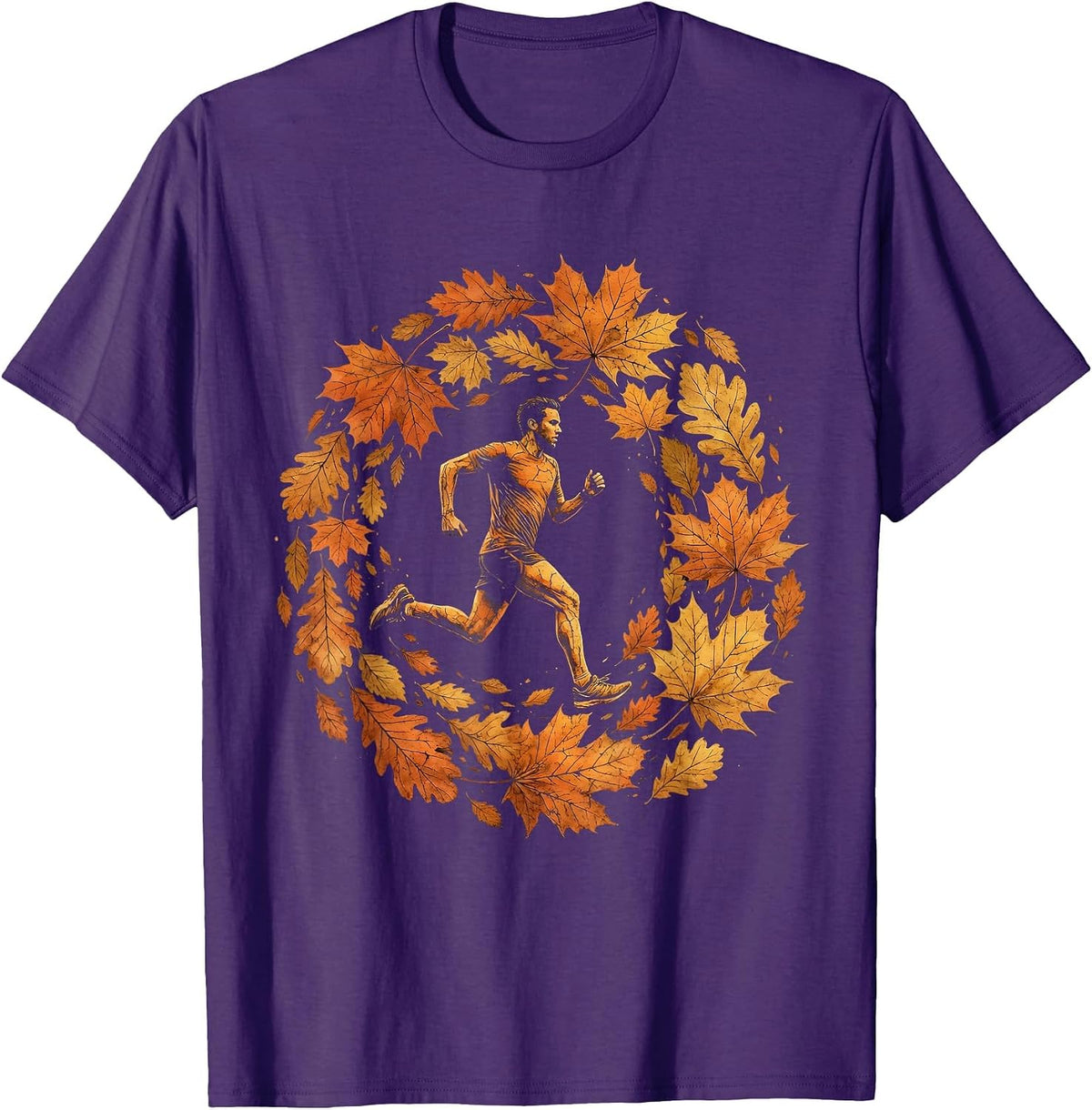 Men's Runner Silhouette Falling Autumn Leaves Design T-Shirt - Purple