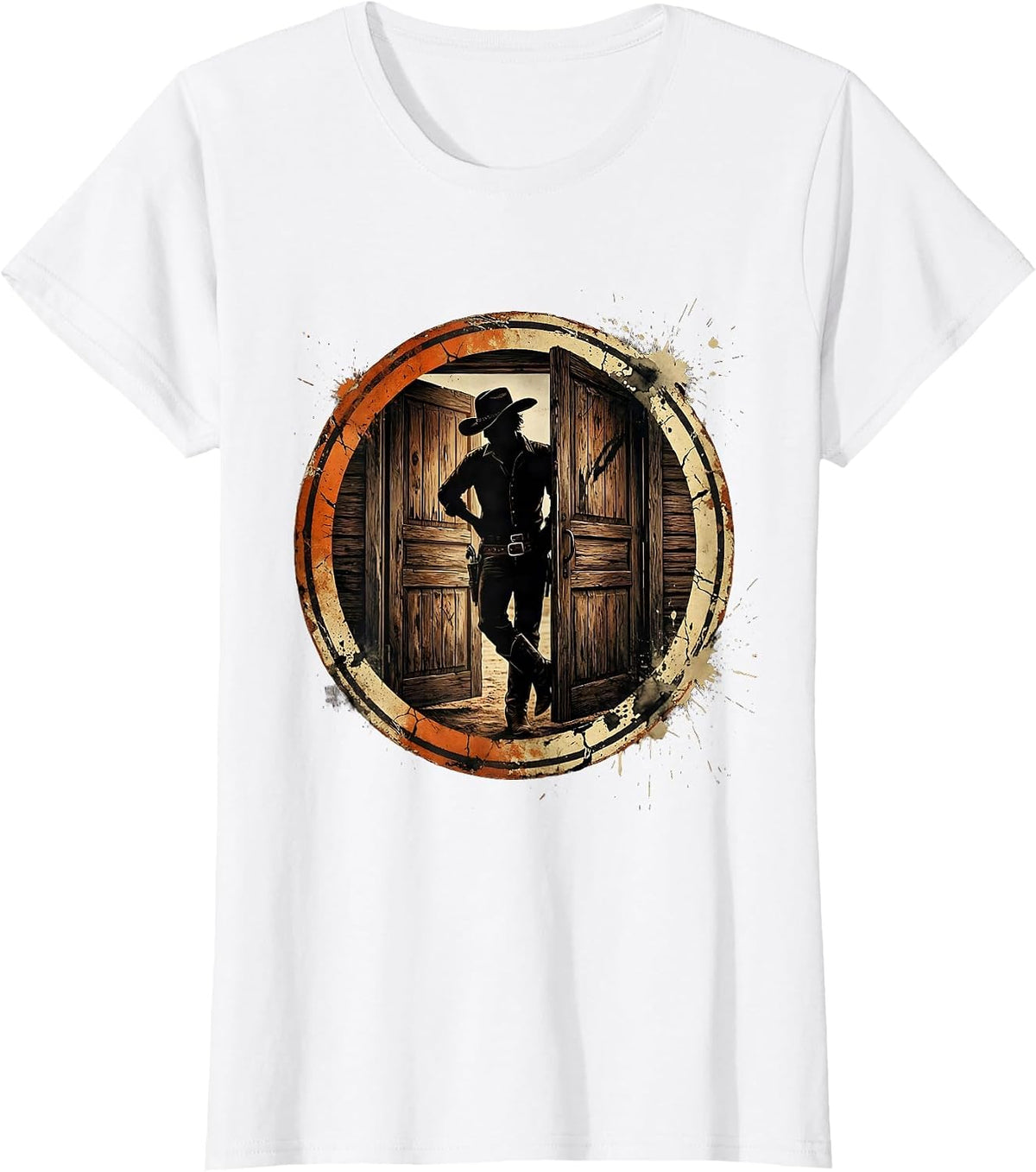 Women's Cowgirl Saloon Door Leaning Western Illustration T-Shirt - White
