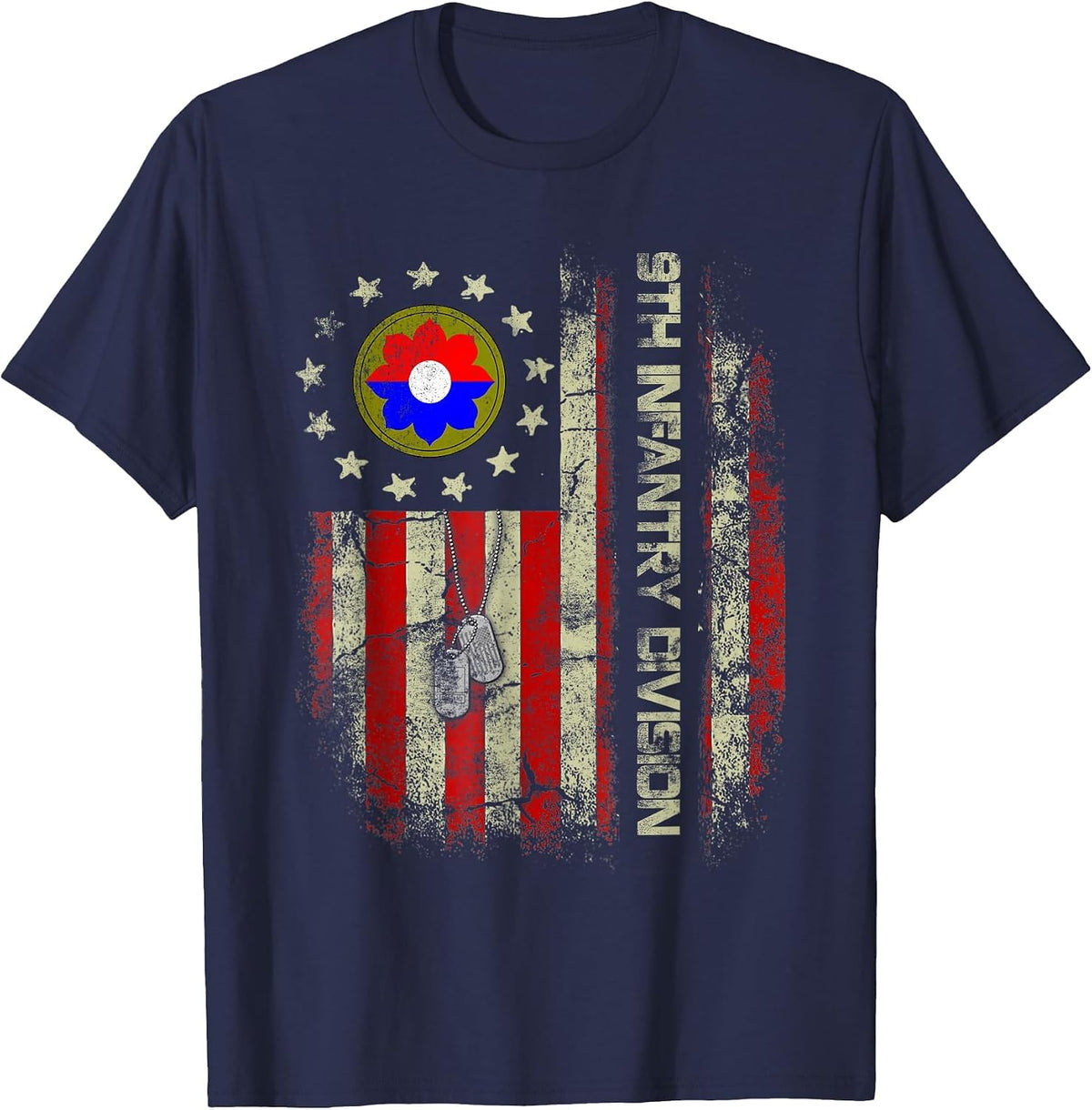 Vintage American Flag 9th Infantry Division Veteran Military T-Shirt - Navy Blue