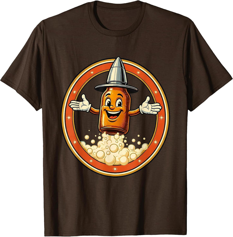 Retro Rocket Ship Beer Bubble Space Launch T-Shirt - Brown