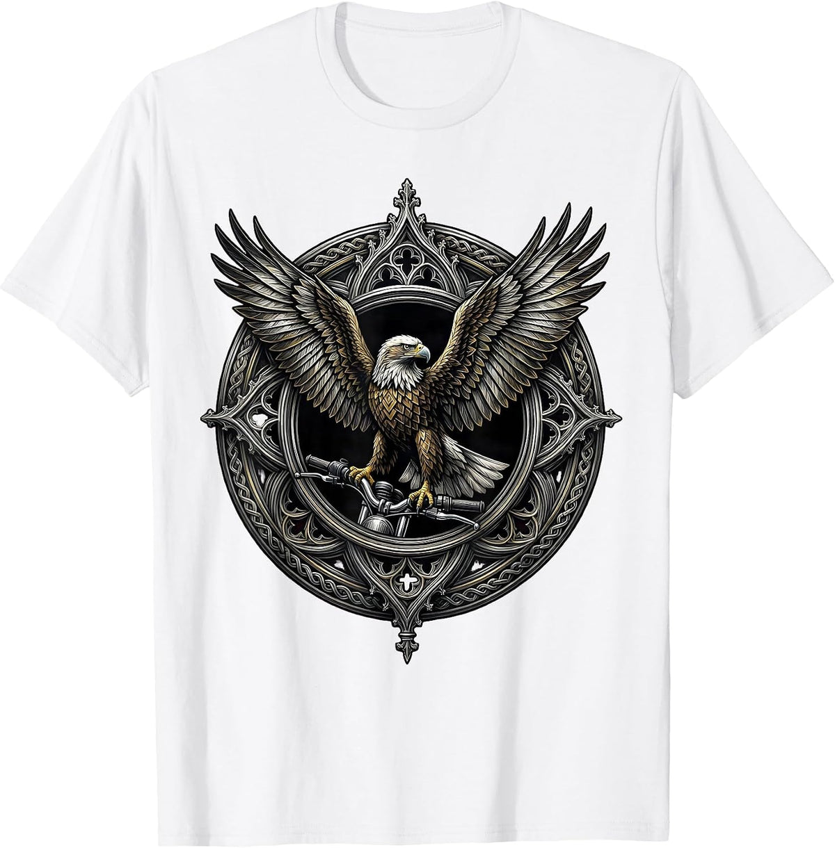 Men's Eagle on Chrome Motorcycle Handlebar Biker Graphic T-Shirt - White