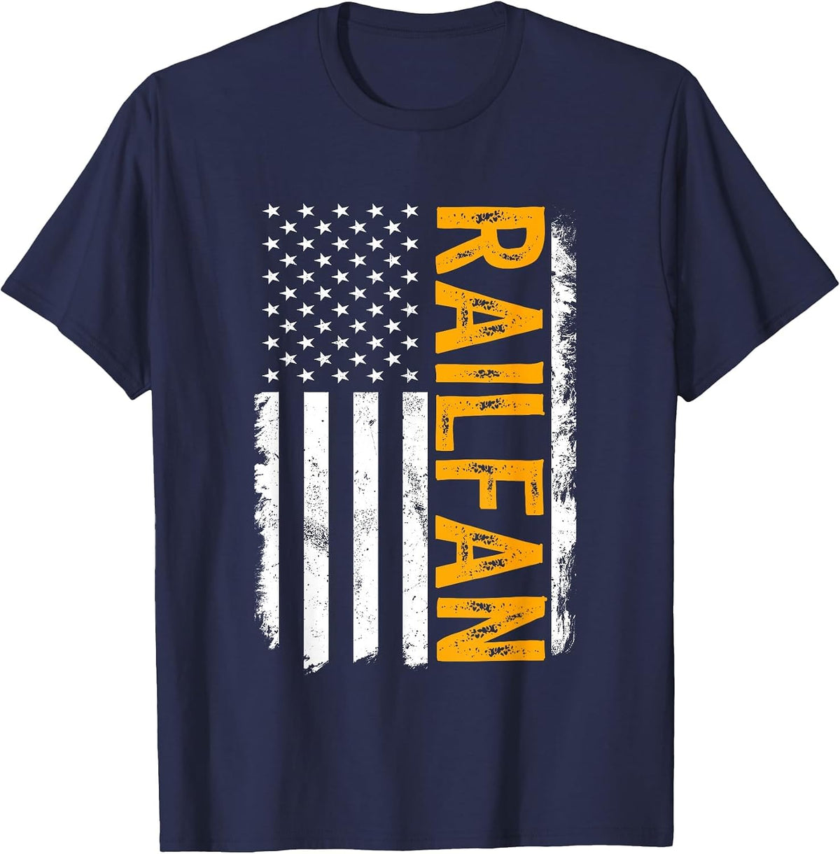 Railfan American Flag, Train Buff, Rail Buff, Trainspotter T-Shirt - Navy Blue