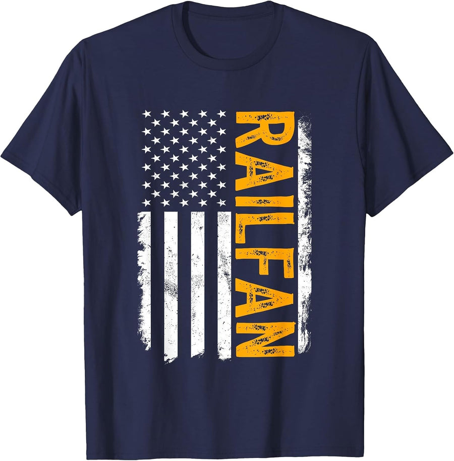 Railfan American Flag, Train Buff, Rail Buff, Trainspotter T-Shirt - Navy Blue