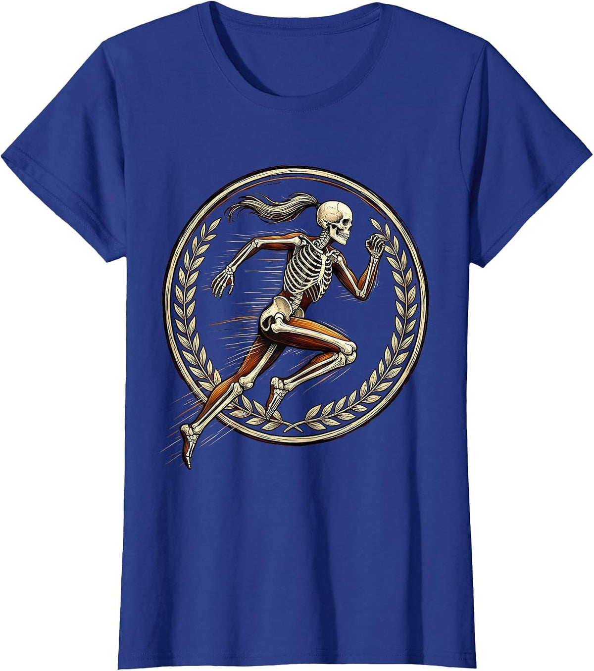 Women's Skeleton Runner Ponytail Flying Graphic Tee T-Shirt - Royal Blue