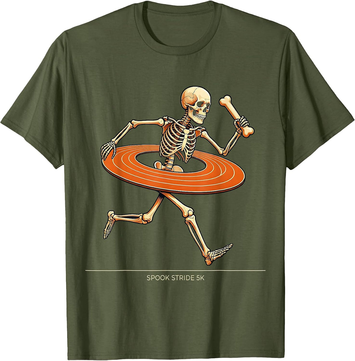 Men's Spook Stride 5K Funny Skeleton Runner Halloween Fun Run T-Shirt - Olive Green