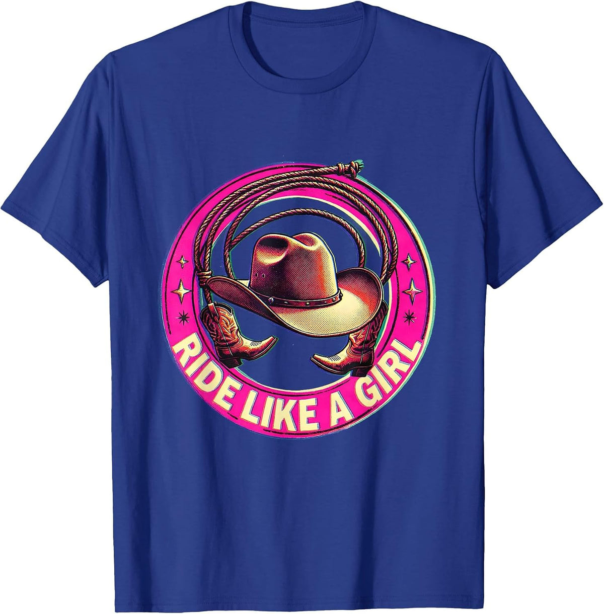 Men's Ride Like a Girl Pink Cowgirl Design T-Shirt - Royal Blue