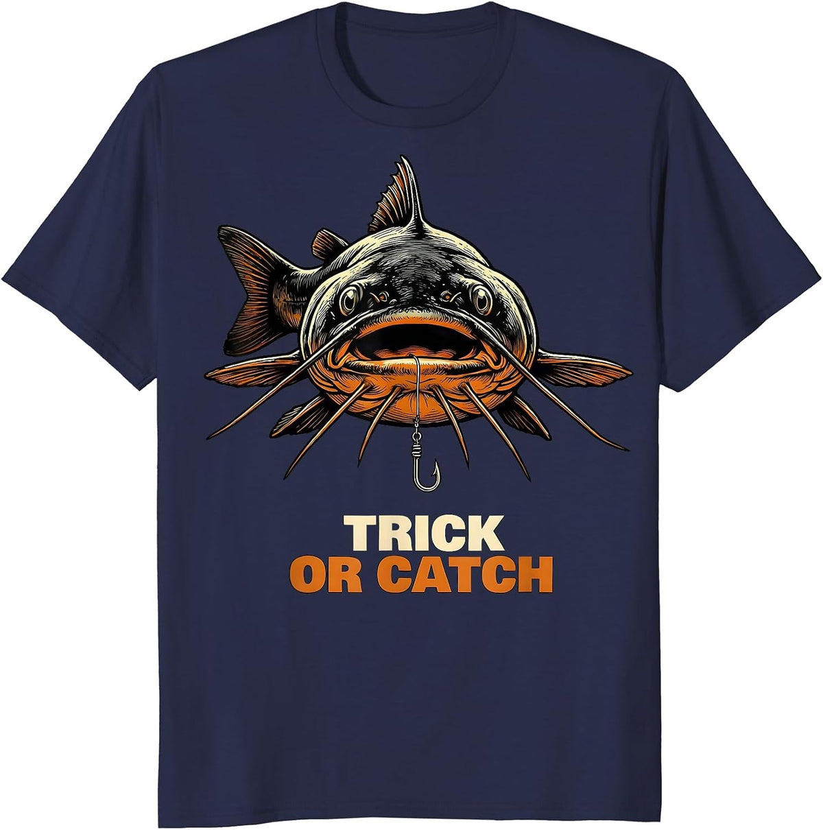 Men's Trick Or Catch Oversized Bullhead Catfish Funny Halloween T-Shirt - Navy Blue