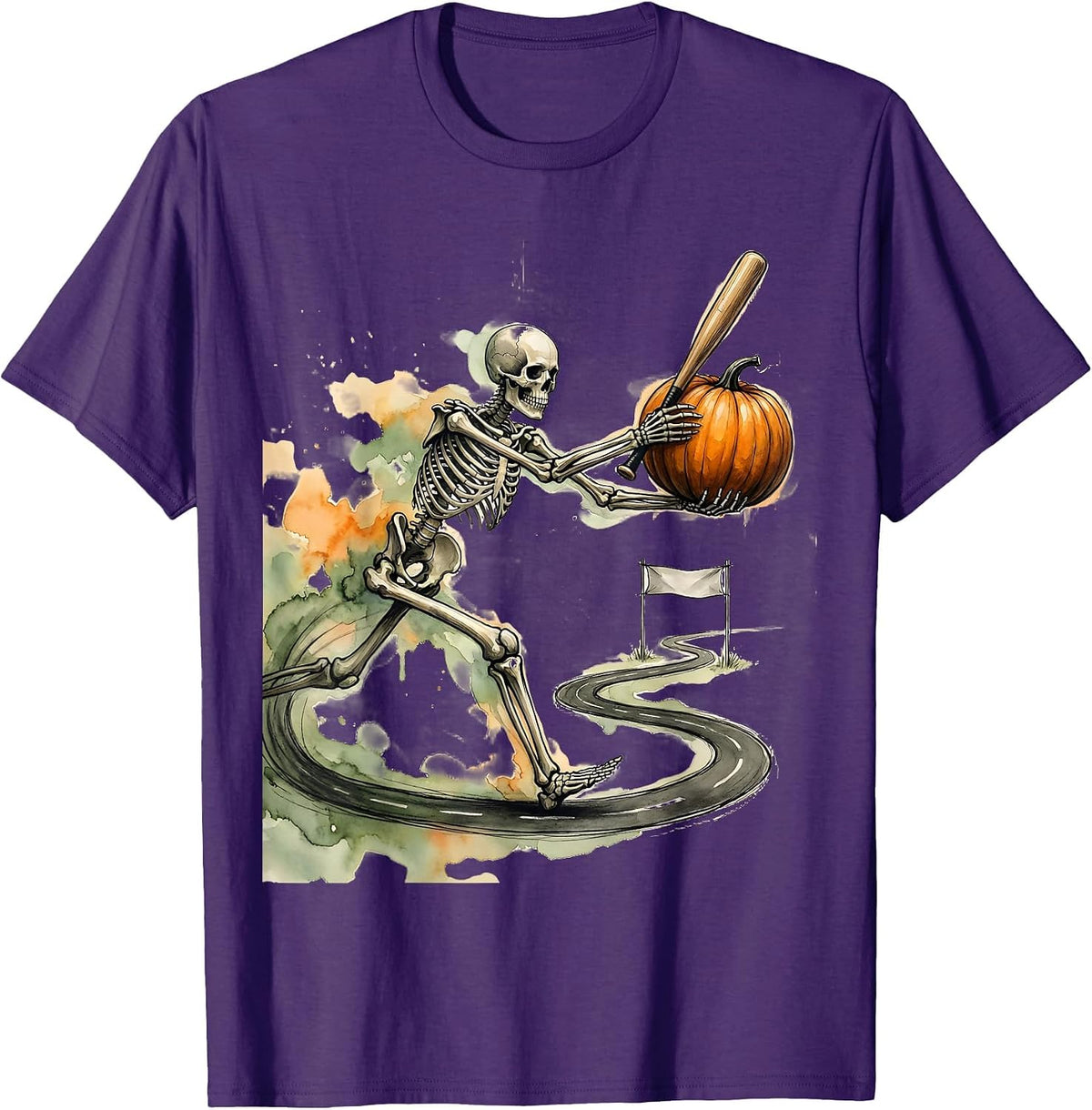 Men's Watercolor Skeleton Runner Halloween 5K Fun Run Matching T-Shirt - Purple