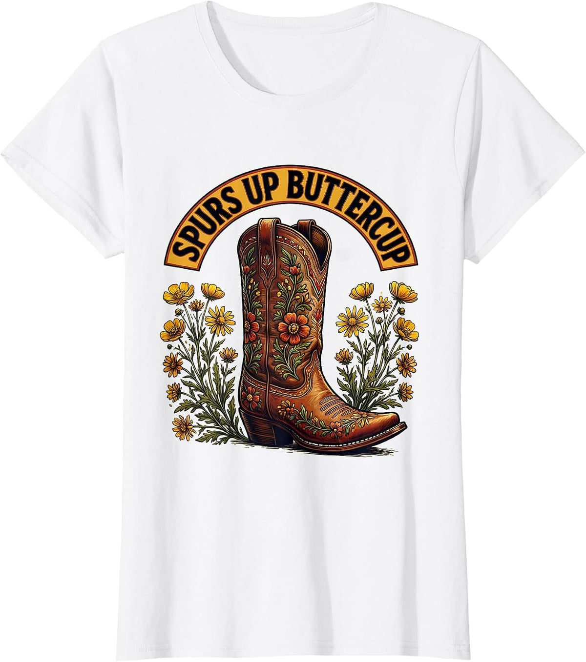 Women's Spurs Up Buttercup Cowgirl Western Design T-Shirt - White