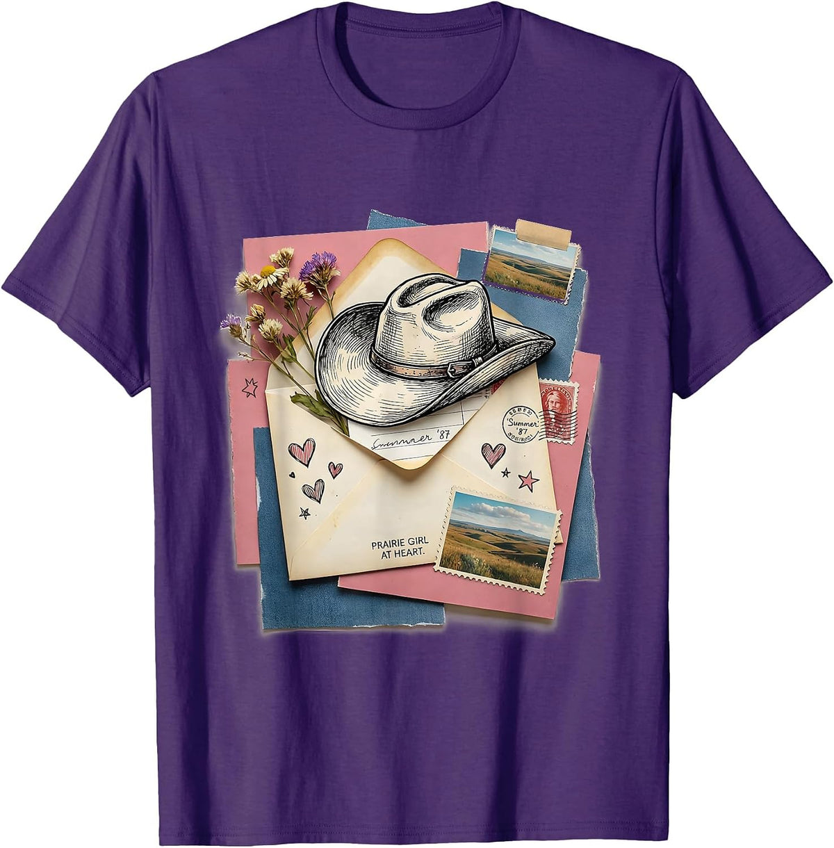 Prairie Girl at Heart White Cowgirl Design T-Shirt - Purple