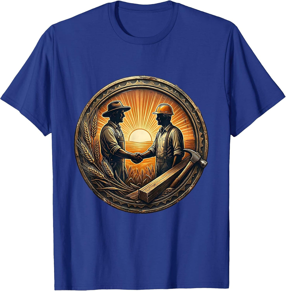 Farmer and Builder Unity Handshake Sunset Graphic T-Shirt - Royal Blue