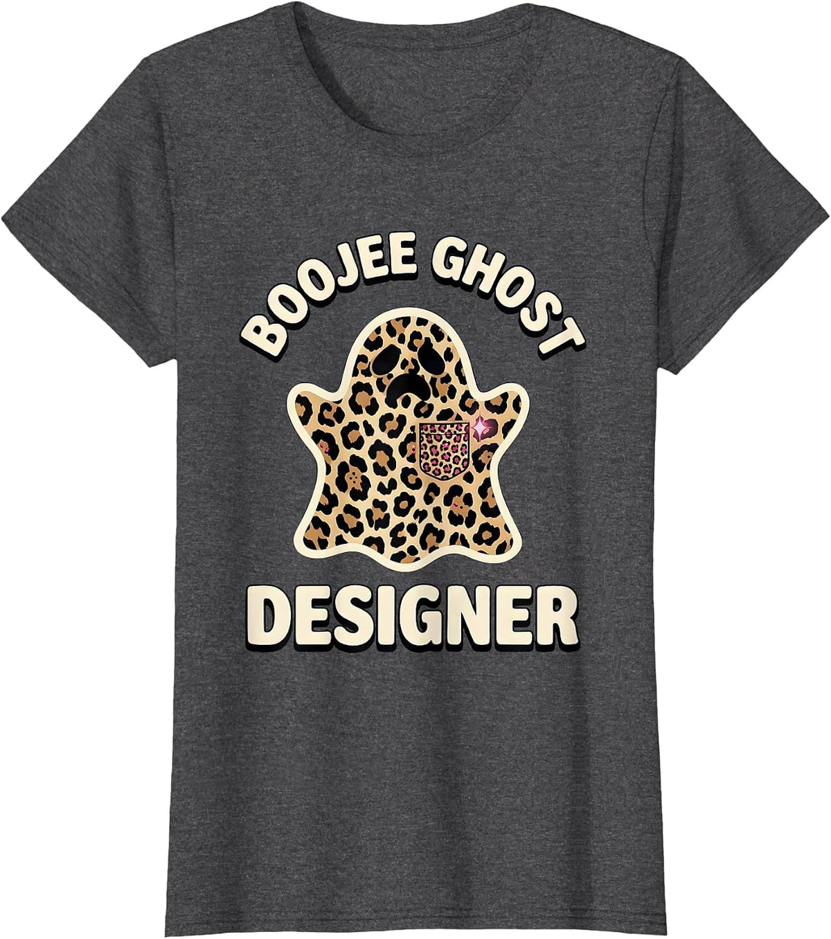 Women's Boojee Ghost Designer Leopard Glam Halloween Party T-Shirt - Dark Heather Grey