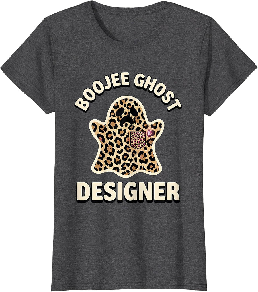 Women's Boojee Ghost Designer Leopard Glam Halloween Party T-Shirt - Dark Heather Grey
