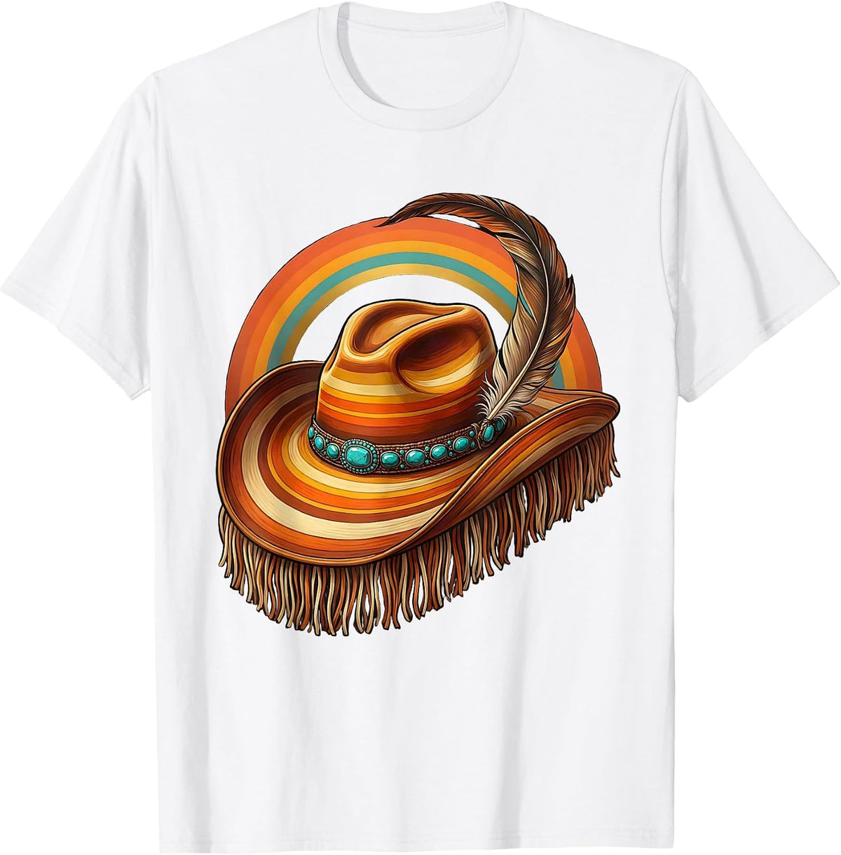 Men's Cowboy Hat Feather Turquoise Western Illustration T-Shirt - White
