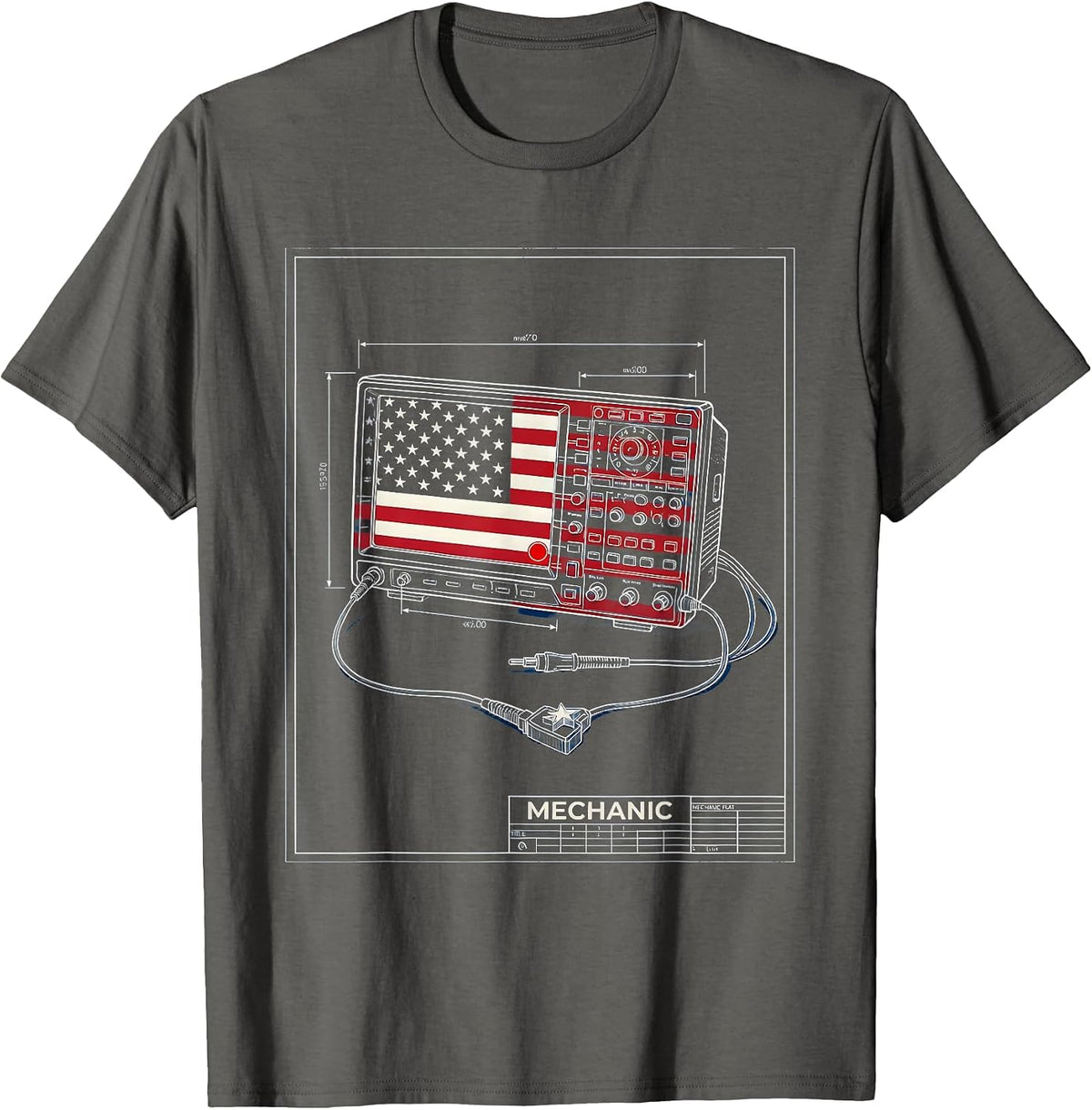 Mechanic Technical Blueprint American Flag Oilfield Worker T-Shirt - Asphalt Grey