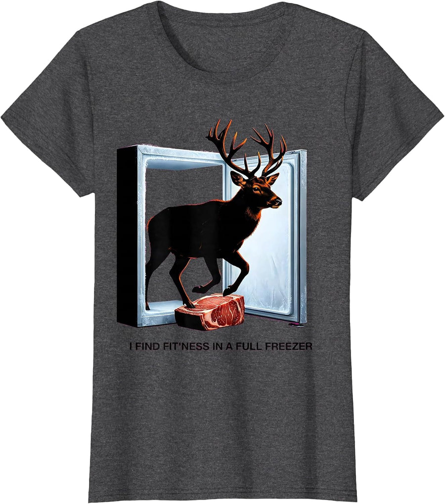 Women's I Find Fit'ness In A Full Freezer Funny Deer Hunting Dad T-Shirt - Dark Heather Grey