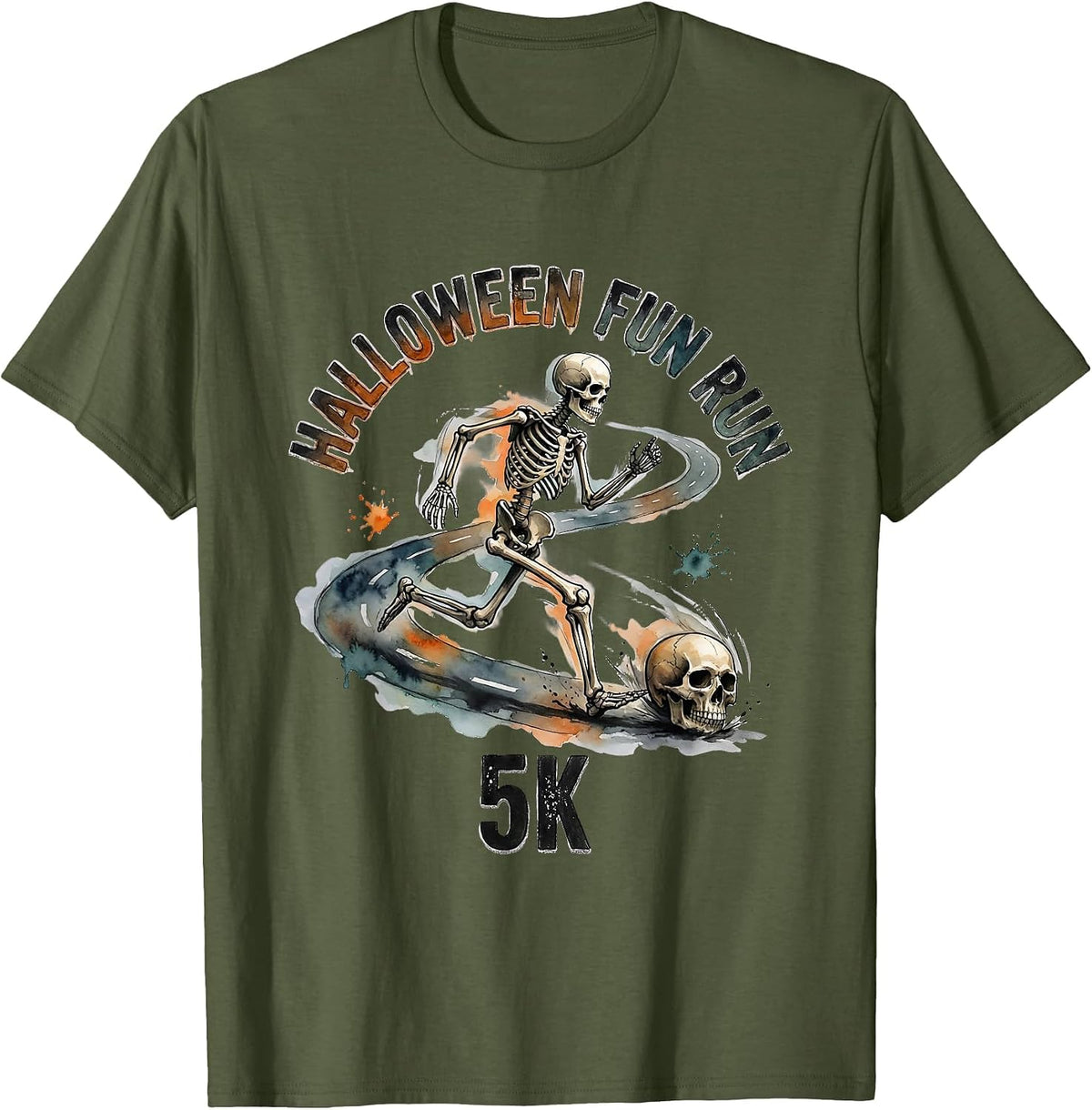Men's Halloween Fun Run 5K Funny Skeleton Runner Watercolor T-Shirt - Olive Green