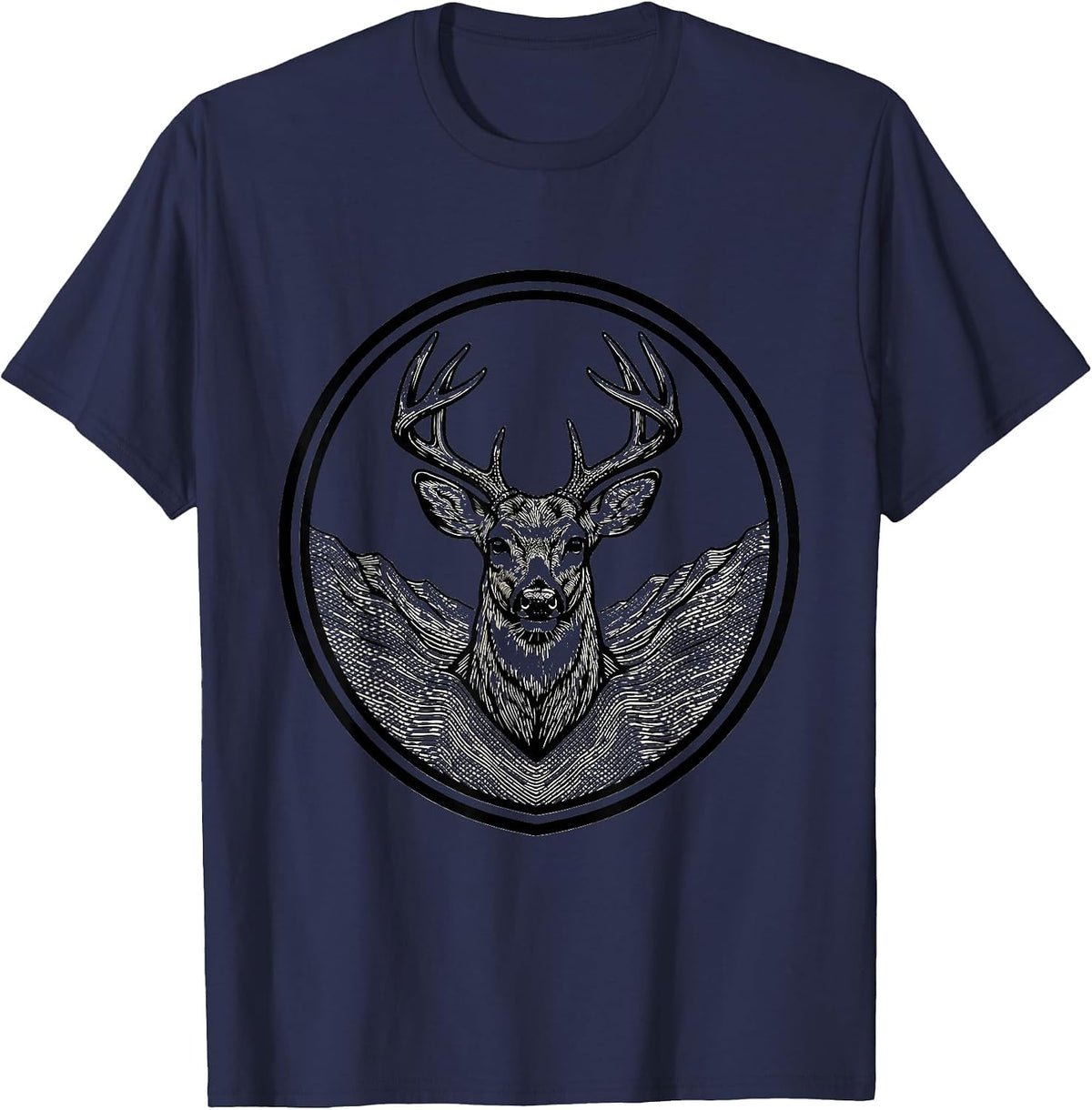 Men's Shield Buck Antlers Line Art Hunting Dad Gift T-Shirt - Navy Blue