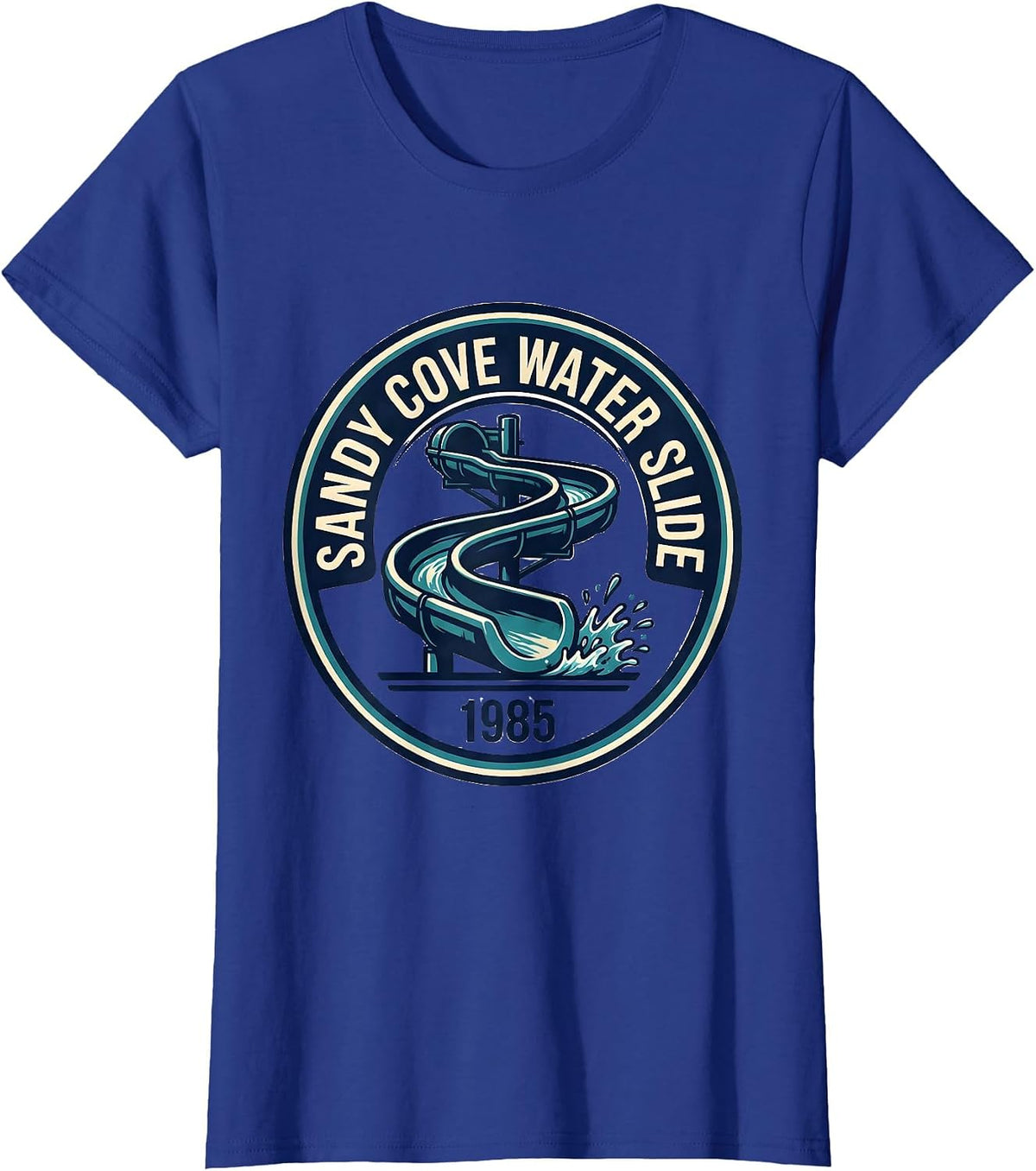 Women's Sandy Cove Water Slide 1985 Retro Vintage Band-Name Pop T-Shirt - Royal Blue