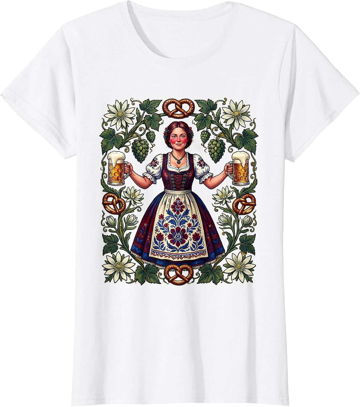 Women's Bavarian Beer Maiden Oktoberfest Illustration T-Shirt - White