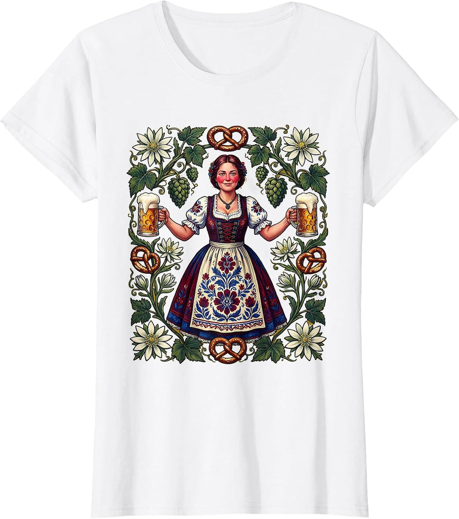 Women's Bavarian Beer Maiden Oktoberfest Illustration T-Shirt - White