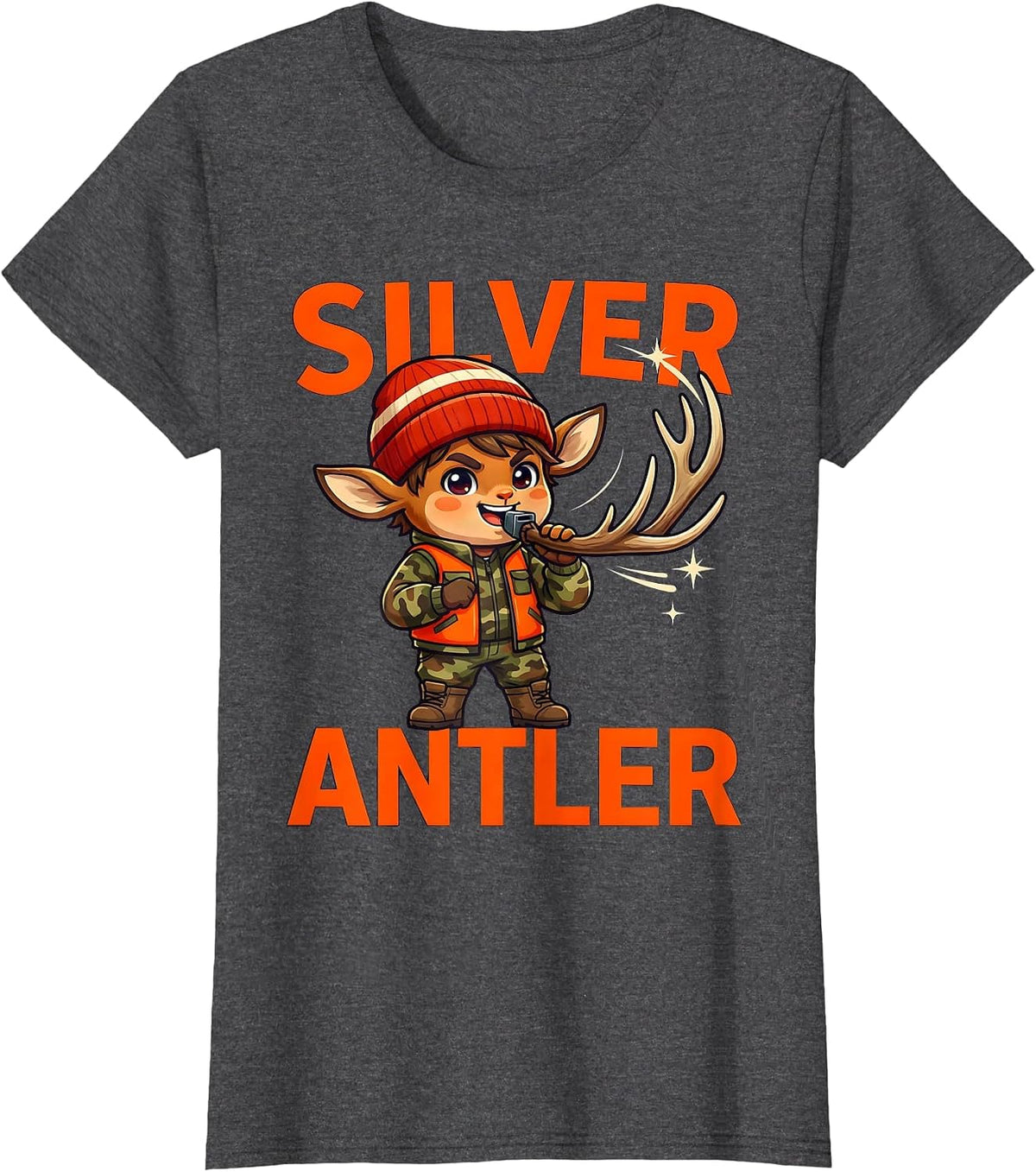 Women's SILVER ANTLER Funny Whitetail Deer Hunter Christmas T-Shirt - Dark Heather Grey
