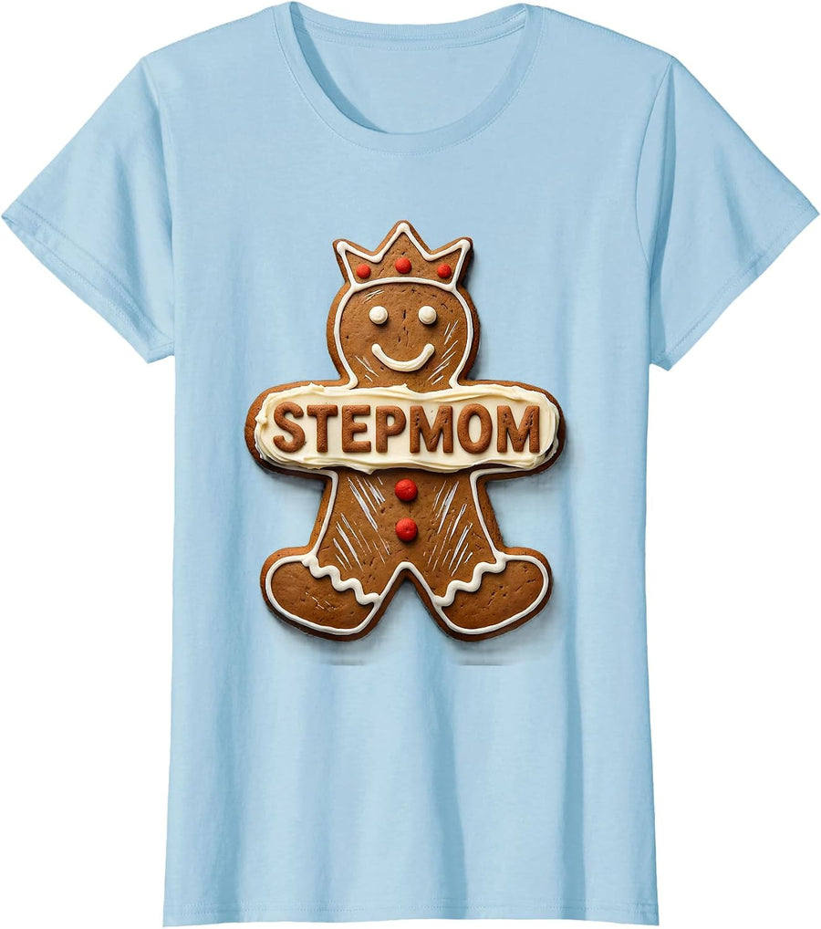 Women's Stepmom Gingerbread Family Matching Christmas Linocut T-Shirt - Baby Blue