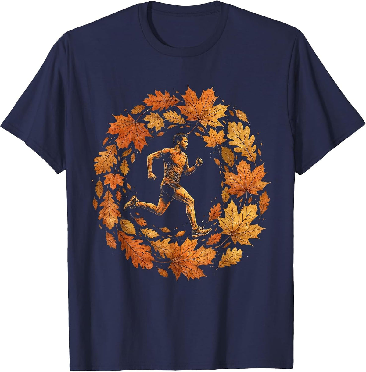Men's Runner Silhouette Falling Autumn Leaves Design T-Shirt - Navy Blue