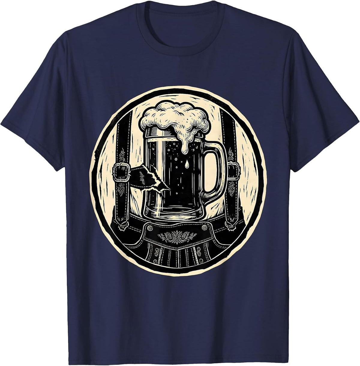 Beer Stein Bursting Through Lederhosen Pocket T-Shirt - Navy Blue