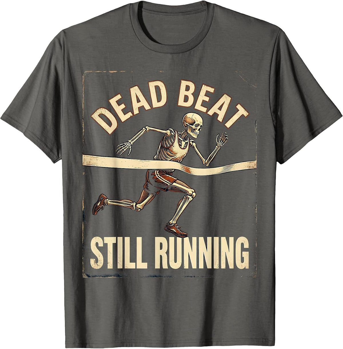 Men's Dead Beat Still Running Vintage Skeleton Halloween Runner T-Shirt - Asphalt Grey