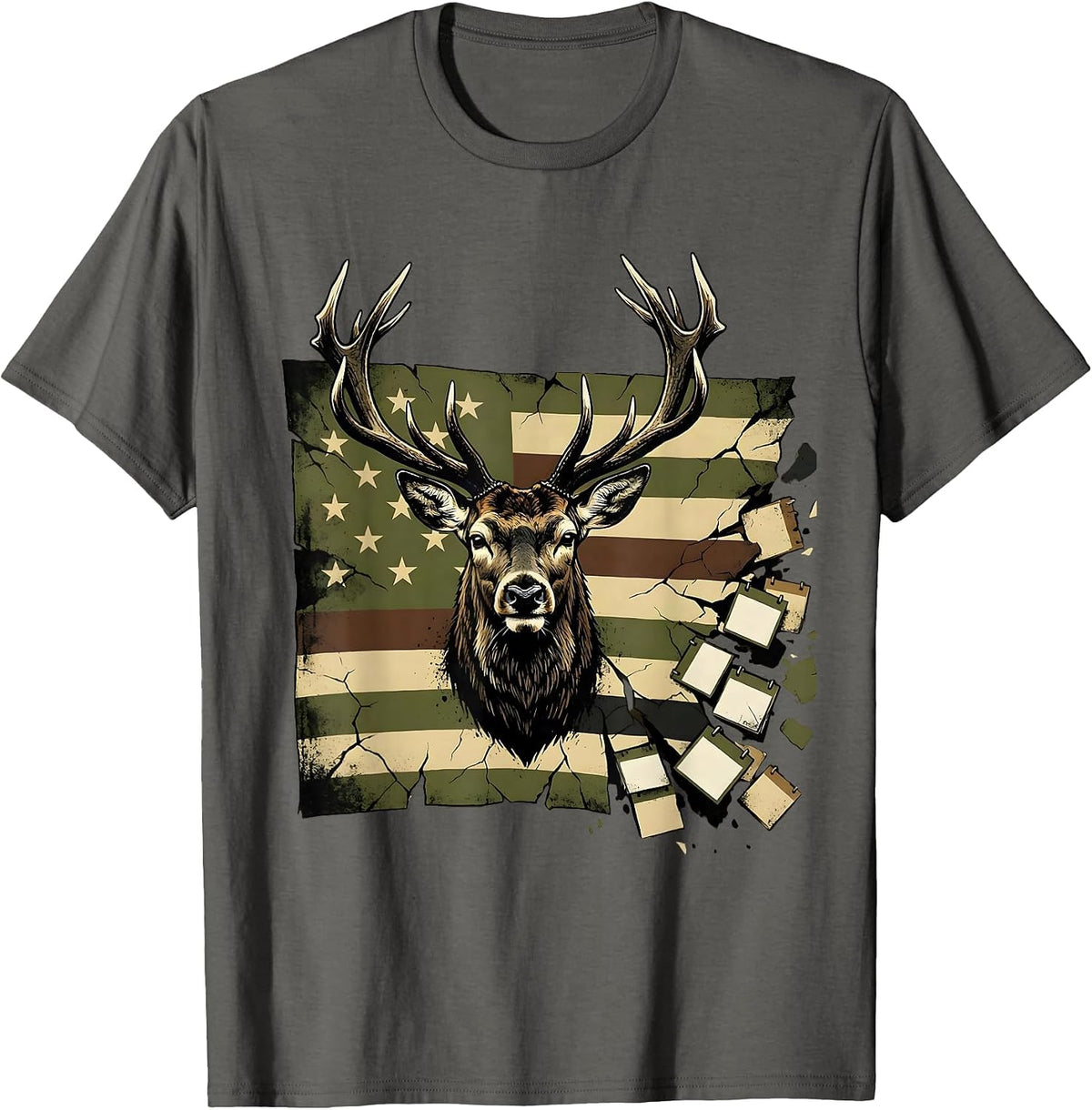 Buck Head Camo Flag Funny Deer Hunting Hunter Dad T-Shirt - Asphalt Grey