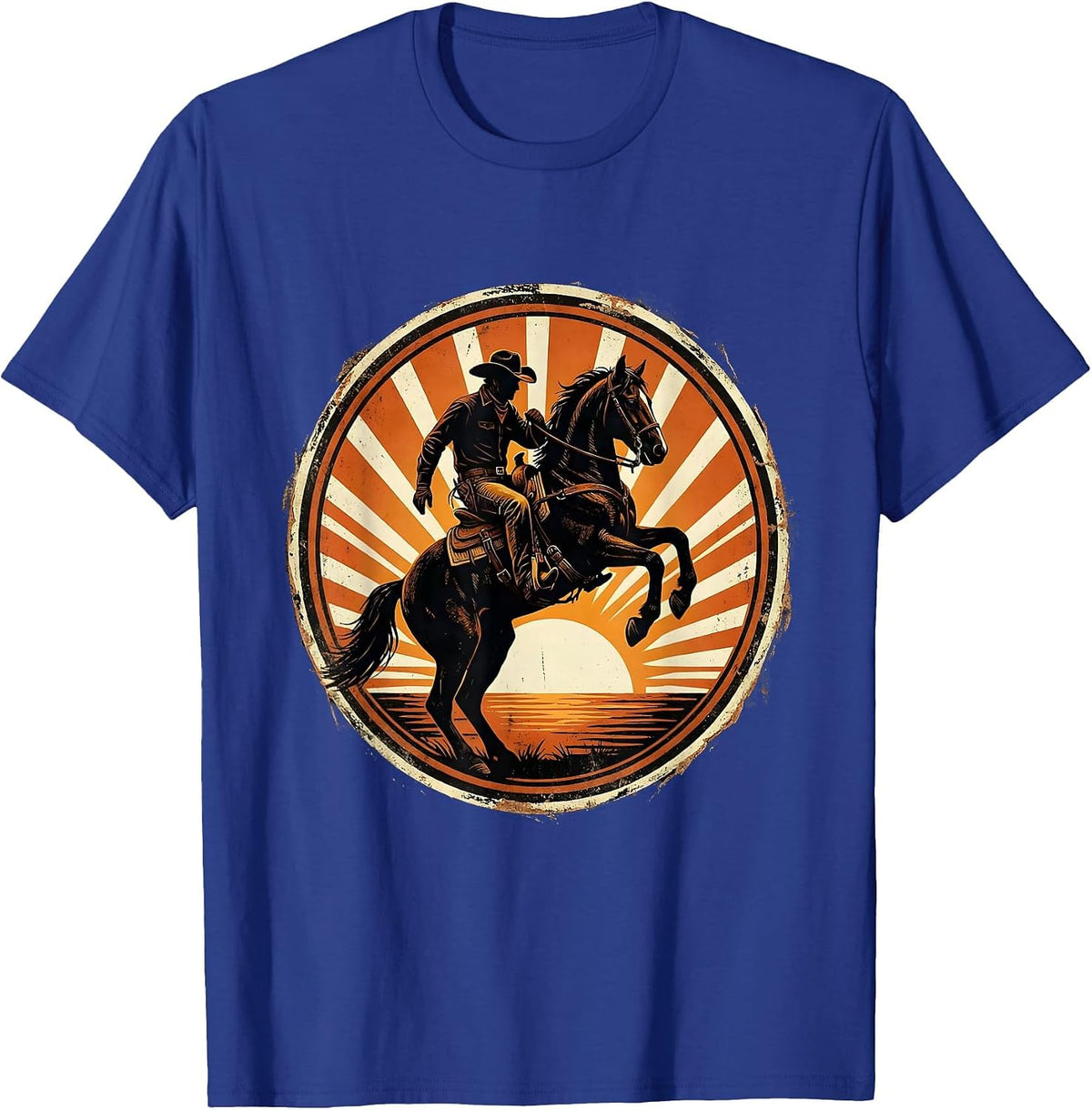 Men's Cowboy Silhouette Sunset Horseback Riding Design T-Shirt - Royal Blue