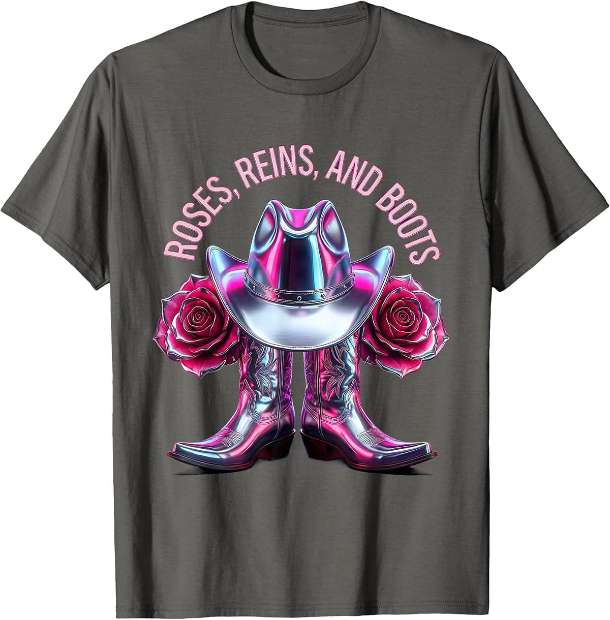 Pink Cowgirl Roses Reins and Boots Design T-Shirt - Asphalt Grey