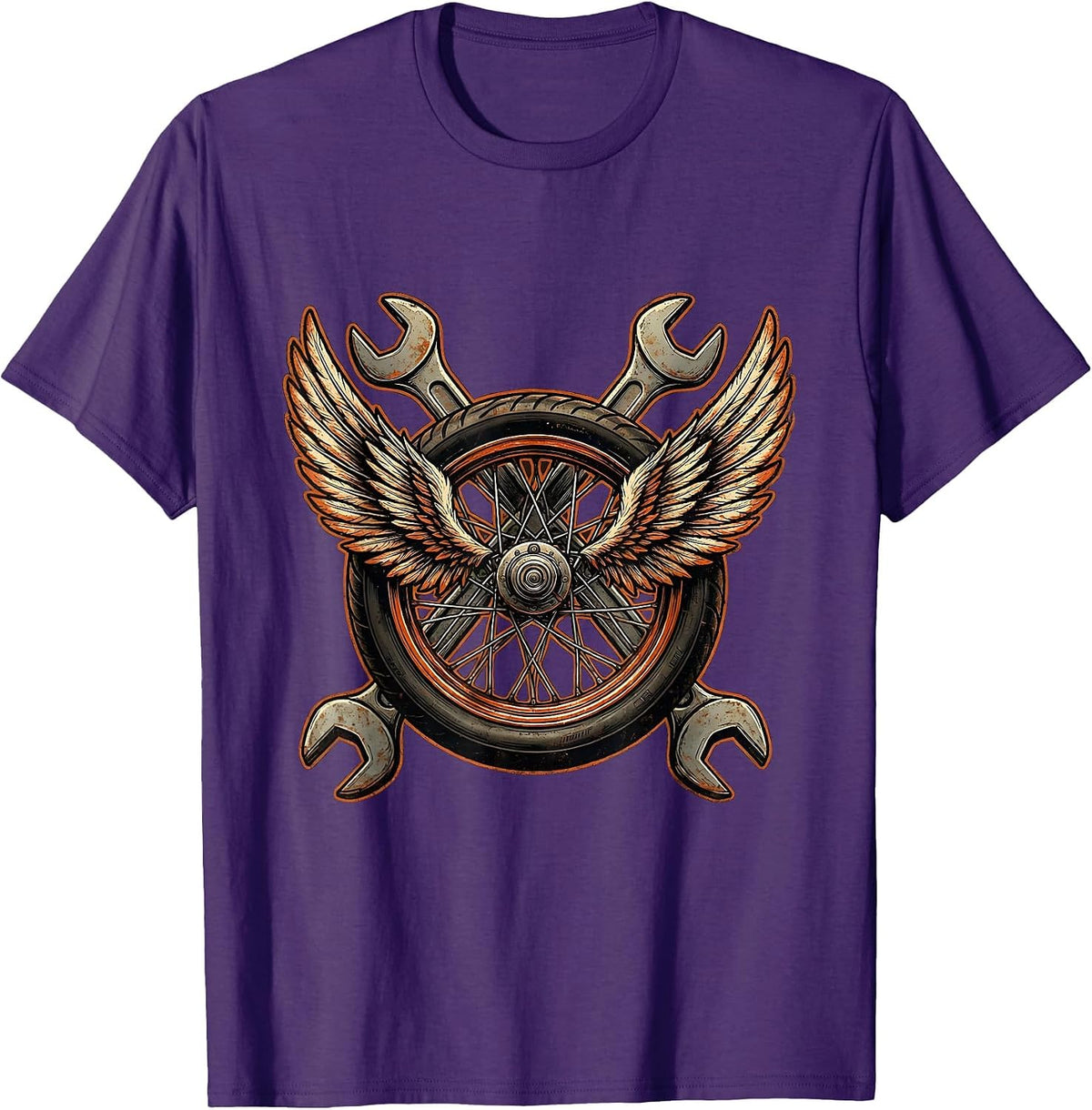 Men's Winged Motorcycle Wheel Crossed Wrenches Biker T-Shirt - Purple