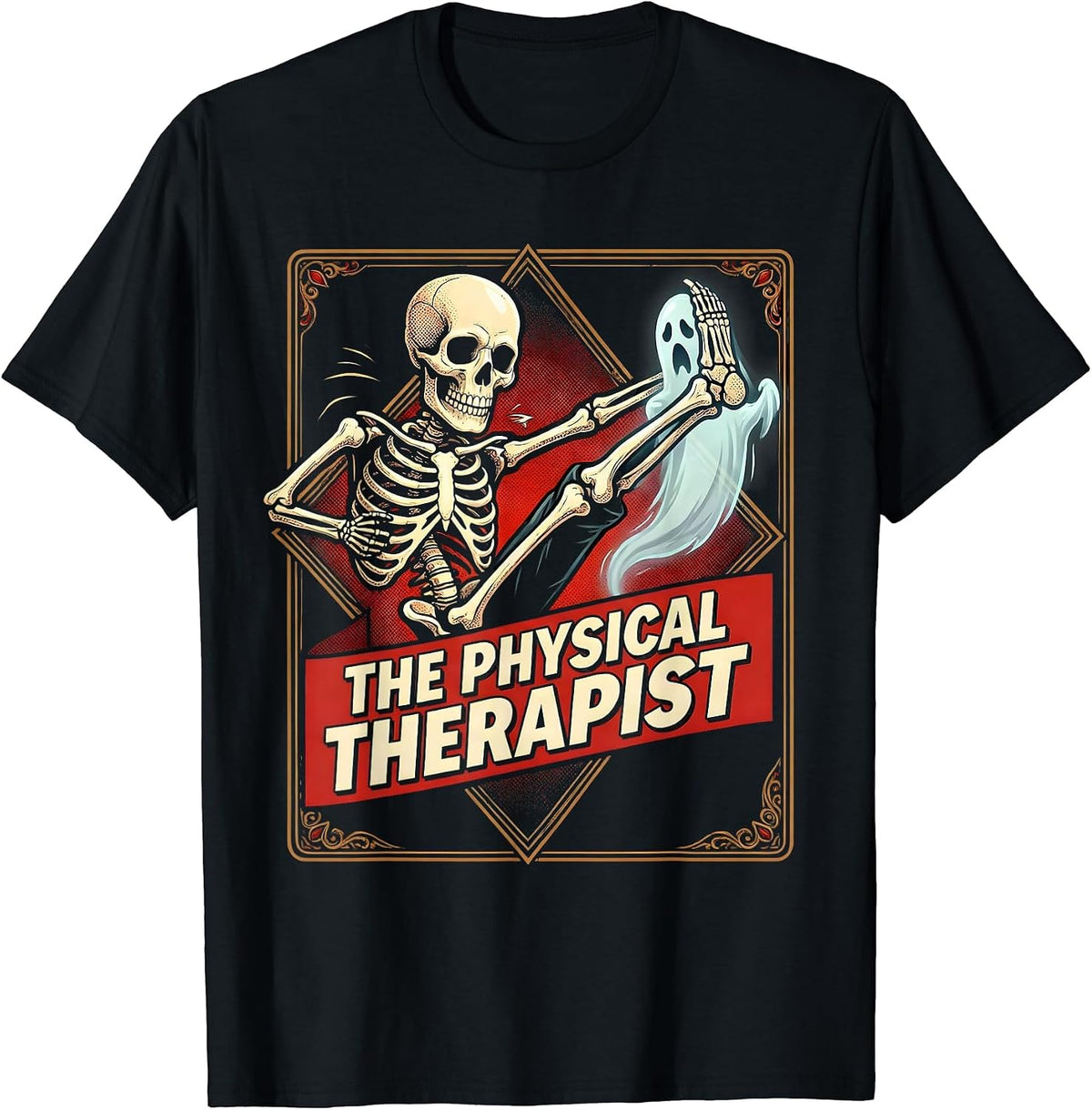 Men's The Physical Therapist Pop Art Tarot Card Skeleton Humor T-Shirt - Black