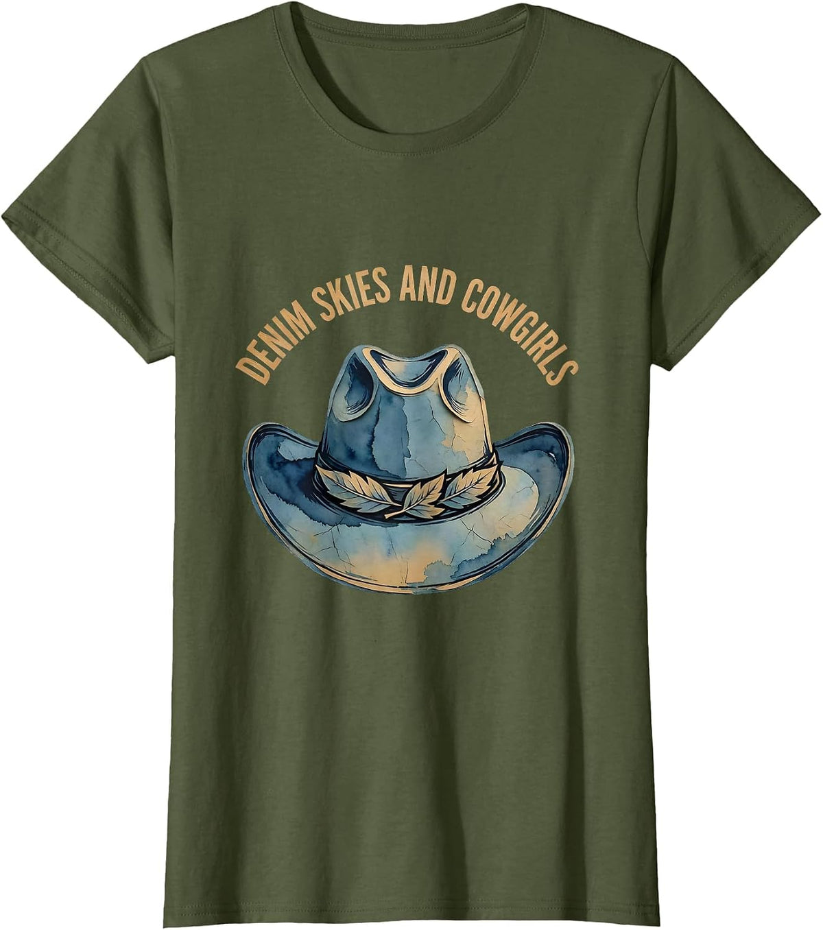 Women's Denim Skies and Cowgirls Western Graphic Design T-Shirt - Olive Green