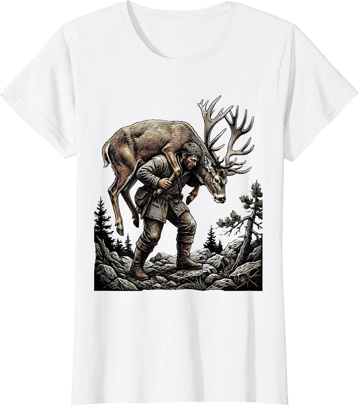 Women's Deer Carrier Rugged Terrain Hunting Illustration T-Shirt - White