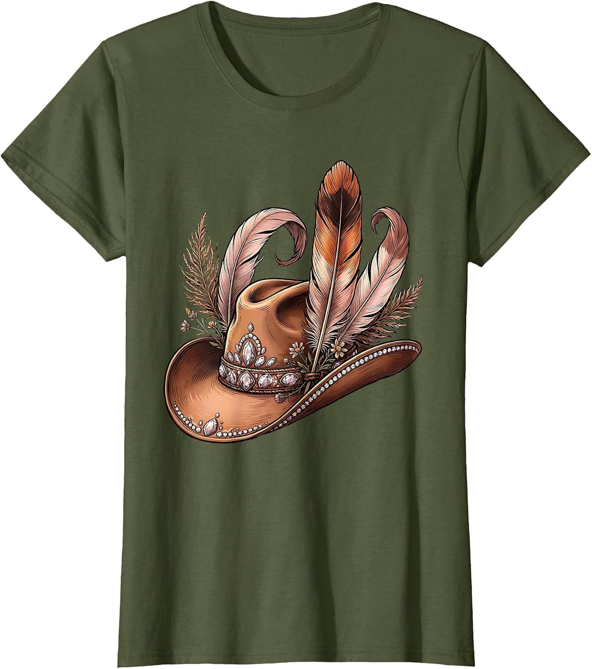 Women's Rhinestone Cowboy Hat with Feathers Graphic T-Shirt - Olive Green