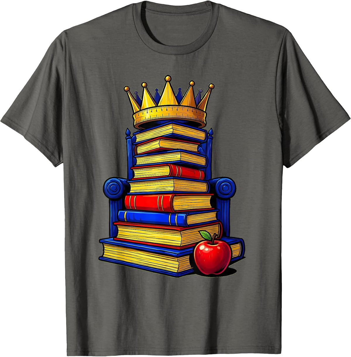 Men's 2nd Grade Teacher Ruler Crown Textbook Throne T-Shirt - Asphalt Grey