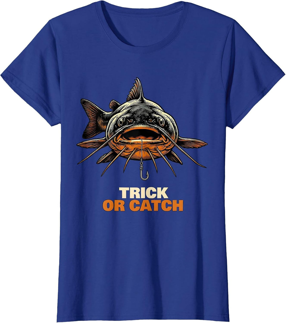 Women's Trick Or Catch Oversized Bullhead Catfish Funny Halloween T-Shirt - Royal Blue