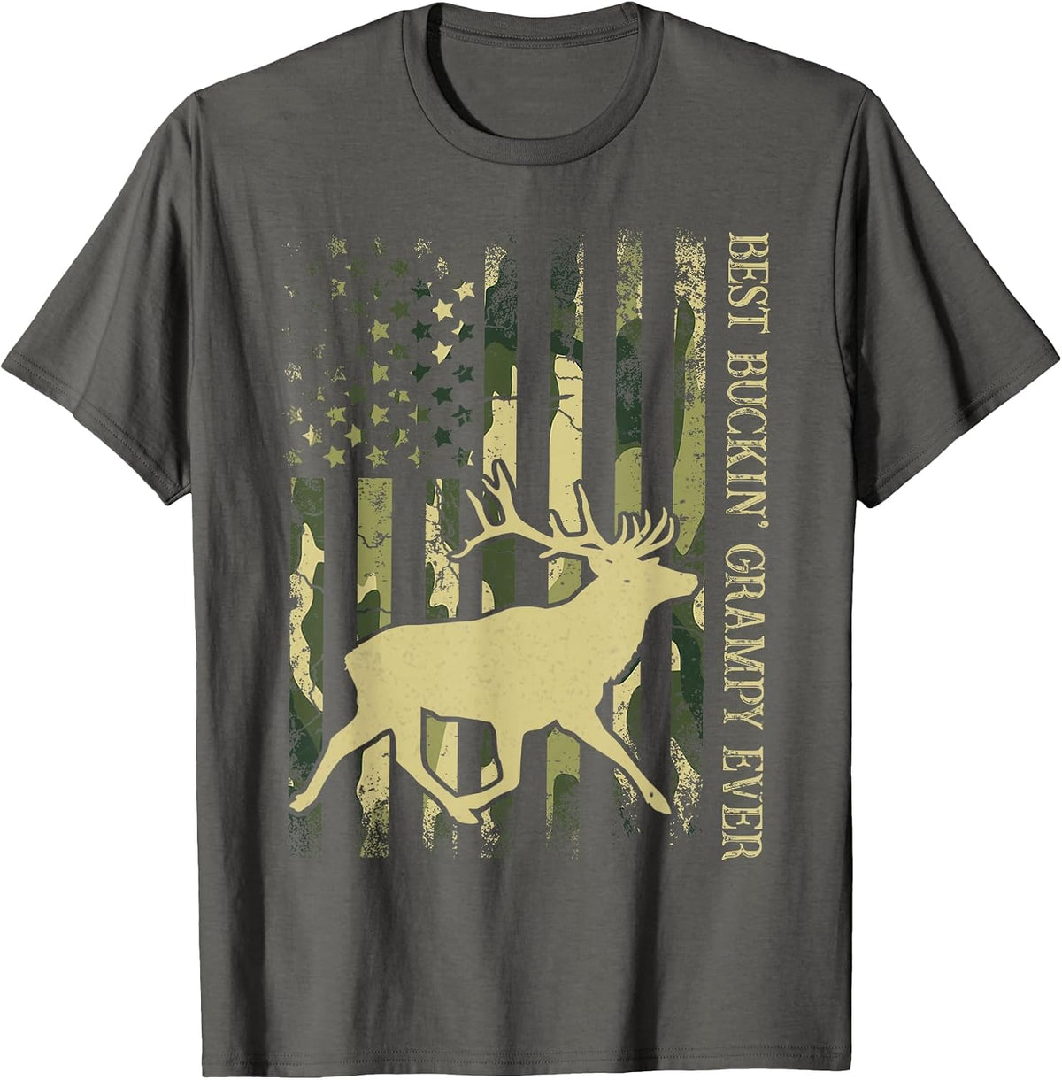 Best Buckin' Grampy Ever Camo American Flag Deer Hunting T-Shirt - Asphalt Grey