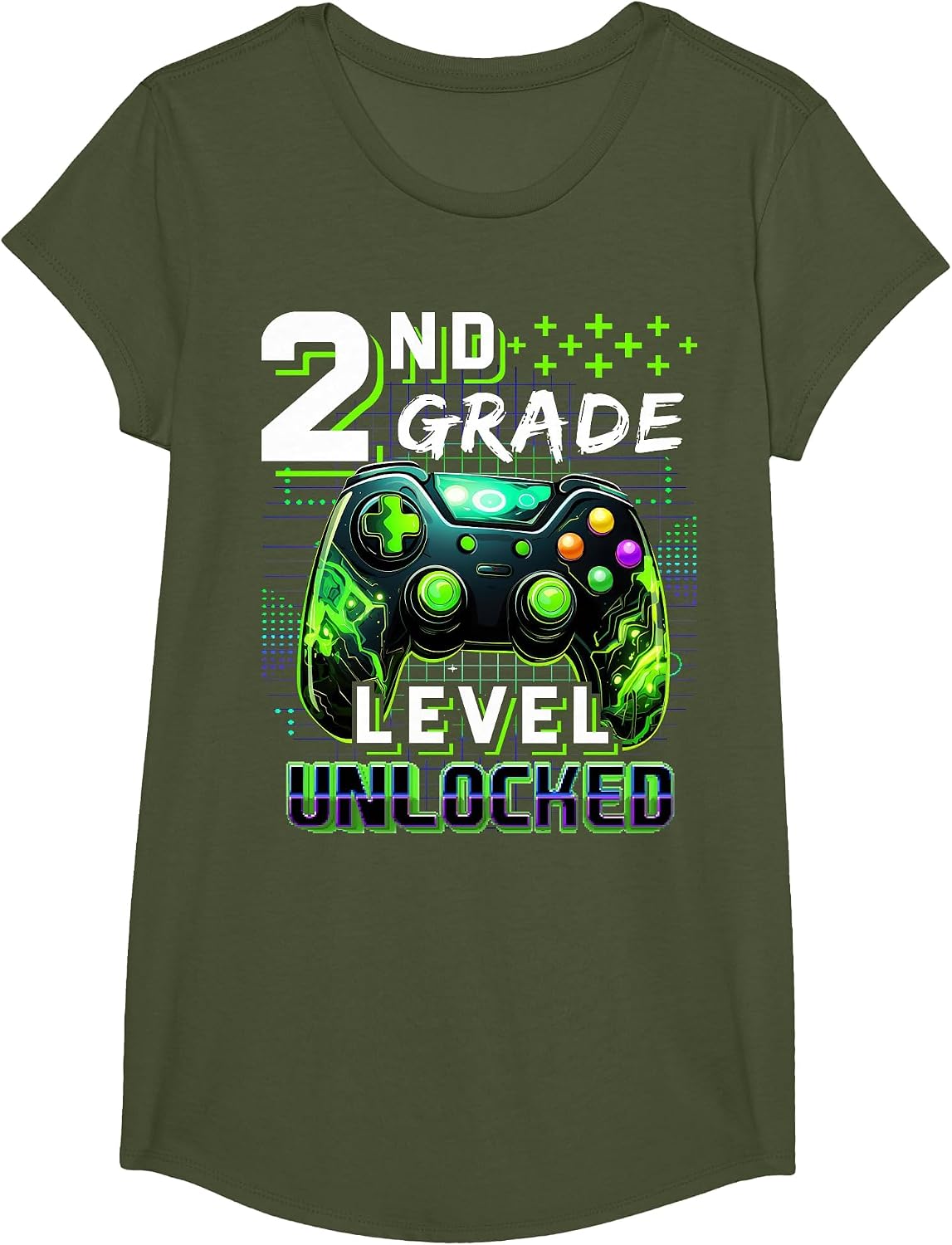 Back to School 2nd Grade Boys Gamer First Day School Level T-Shirt - Girls Olive Green