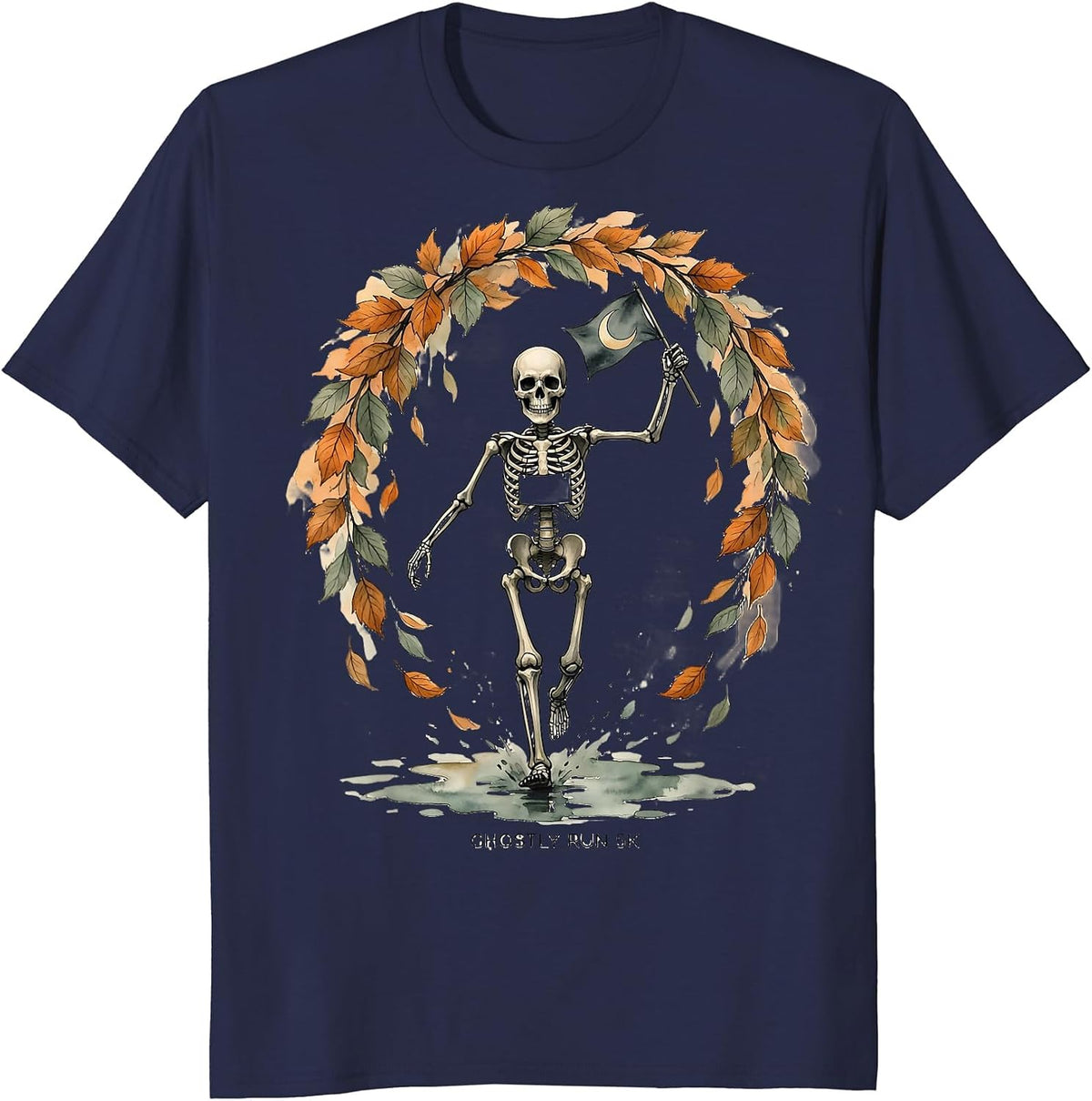 Men's Ghostly Run 5K Watercolor Skeleton Runner Halloween Fun Run T-Shirt - Navy Blue