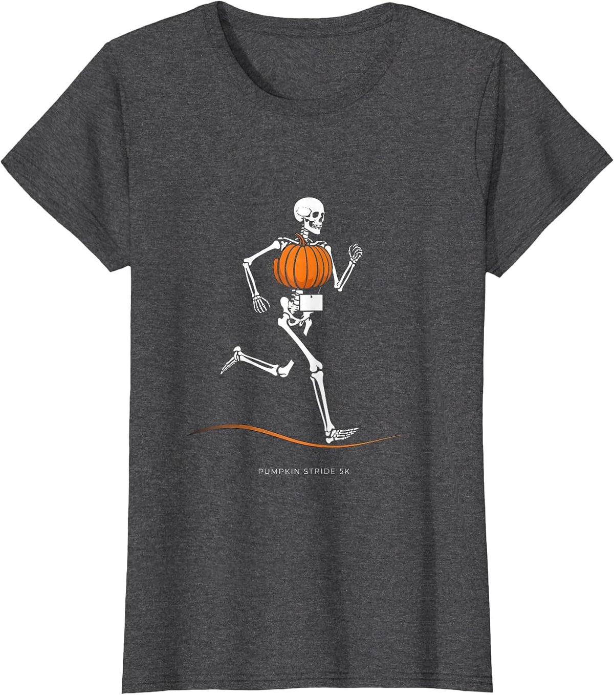 Women's Pumpkin Stride 5K Funny Halloween Running Skeleton Runner T-Shirt - Dark Heather Grey