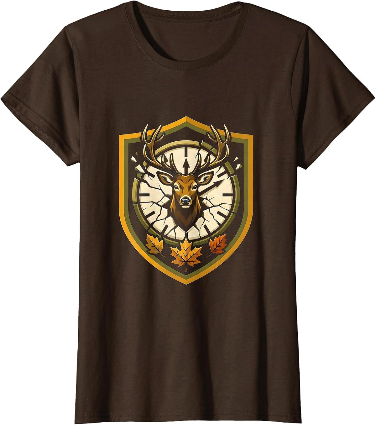 Women's Whitetail Buck Shield Emblem Funny Deer Hunting Hunter Dad T-Shirt - Brown