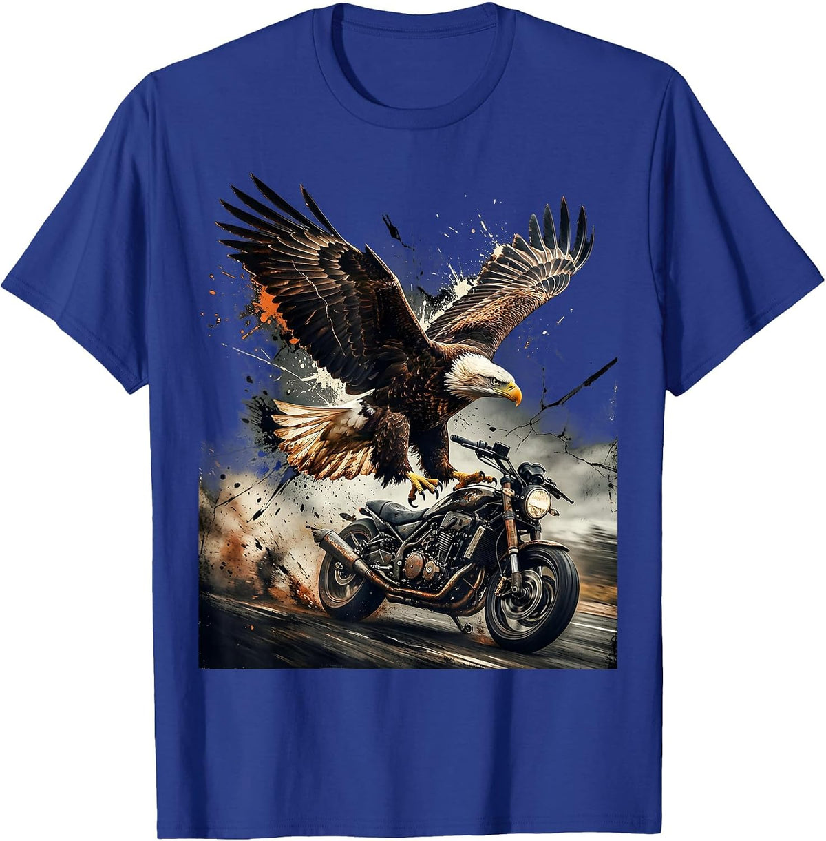 Eagle Swooping Over Speeding Motorcycle Graphic T-Shirt - Royal Blue