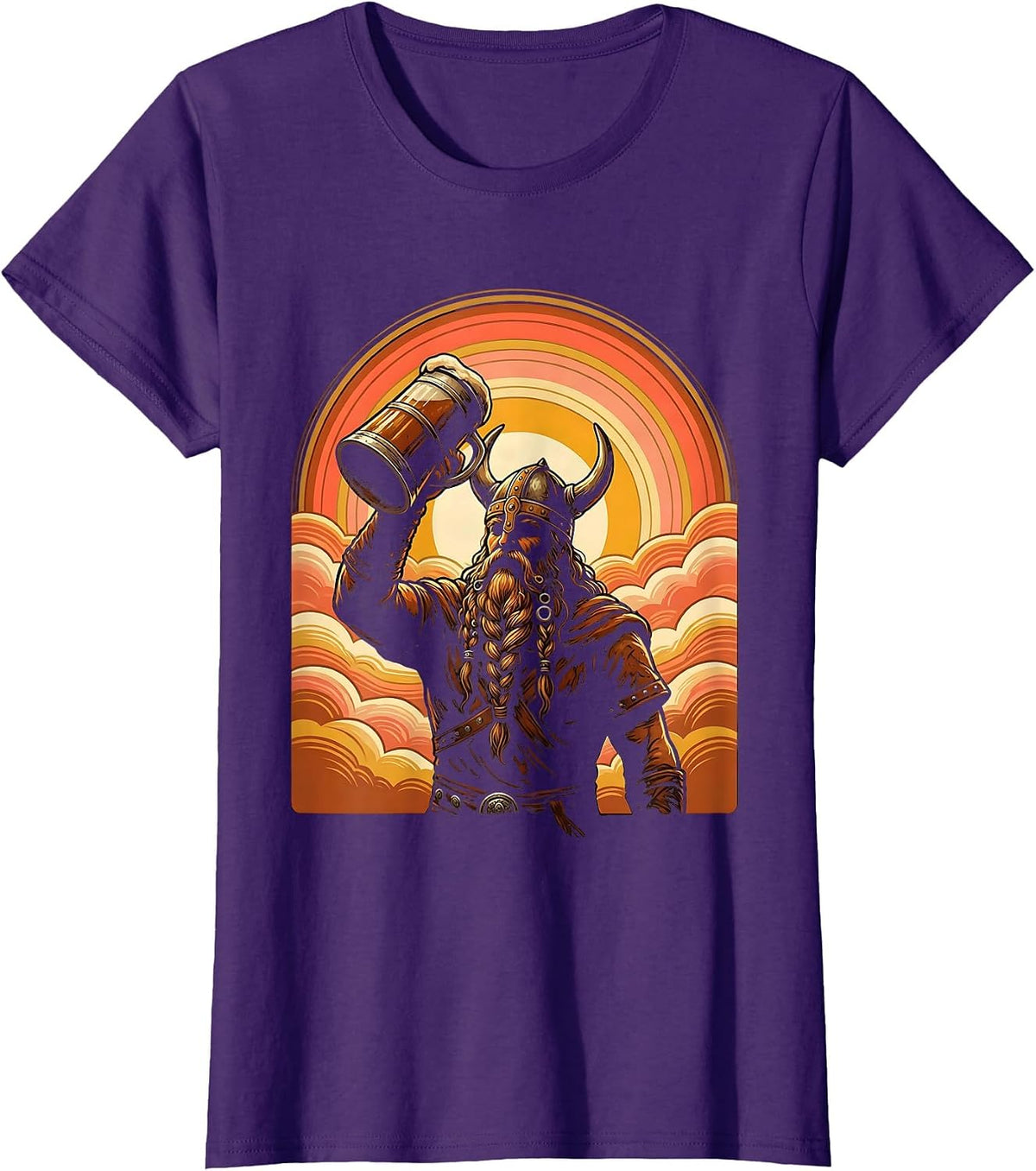 Women's Viking Mead Horn Braided Beard Illustration T-Shirt - Purple
